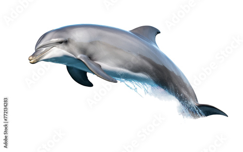 A dolphin leaps in the air with mouth agape, showcasing a graceful and powerful display of aquatic elegance