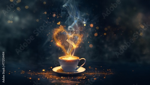 Edle antike Kaffeetasse romantisch mit Herzen in gold als Hintergrund im Lichter Bokeh zum Muttertag und Valentinstag, ai generativ © www.freund-foto.de