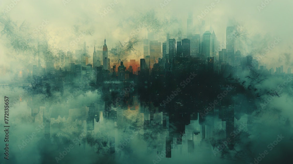 Evocative double exposure composition blending urban architecture with polluted skies, conveying a powerful message about the environmental challenges posed by global warming and pollution.