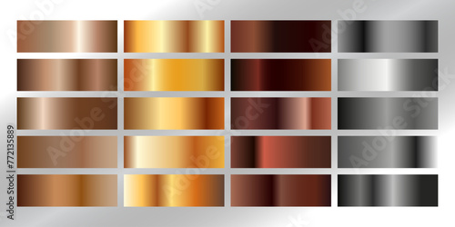 Gold, Bronze, Sliver, Copper gradient collection. Set of 20 premium metallic gradients palette. Vector 