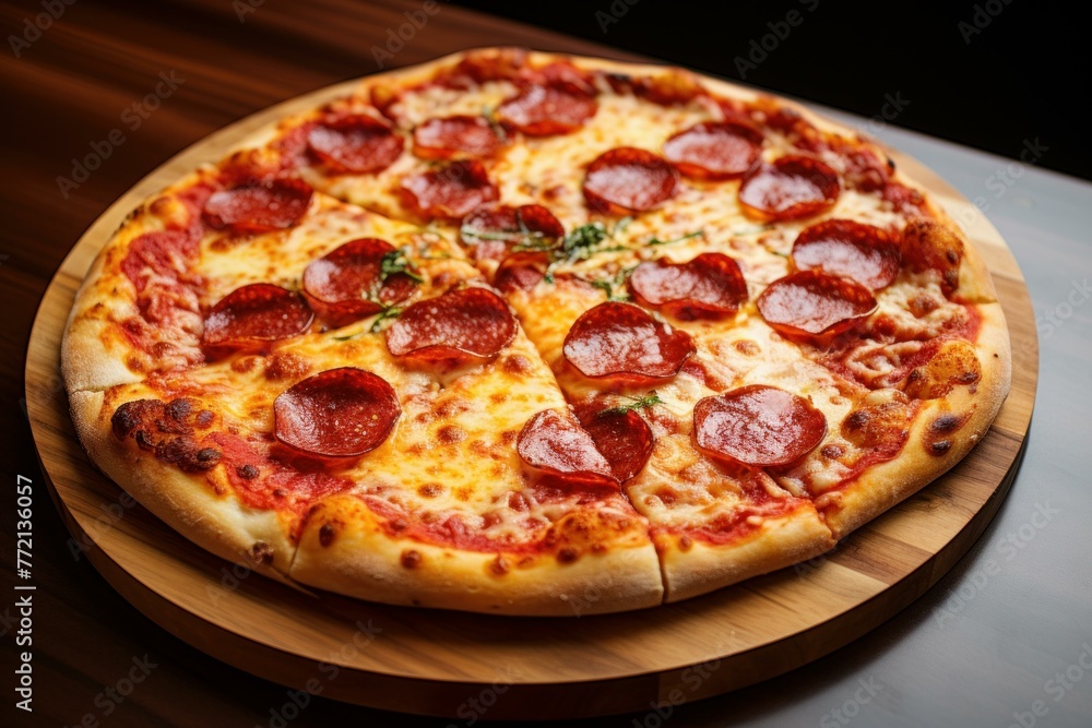 Fragrant Pizza pepperoni italian table. Tasty food. Generate Ai