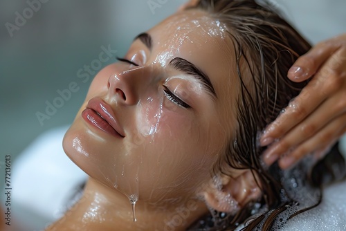 Beauty Salon Scalp Massage A client enjoying a relaxing scalp massage as part of a beauty salon treatment
