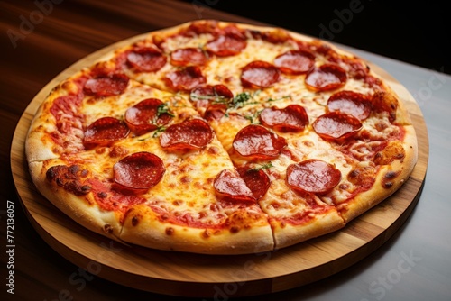 Fragrant Pizza pepperoni italian table. Tasty food. Generate Ai