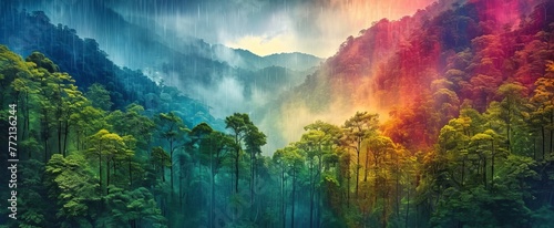 In the abstract landscape, the vibrant colors of the tropical forest were bathed in sunlight, creating a mesmerizing display of textures and light, while the sound of raindrops. Generative AI photo