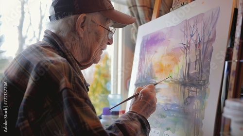 90 year old grandfather paints watercolors diligently. photo