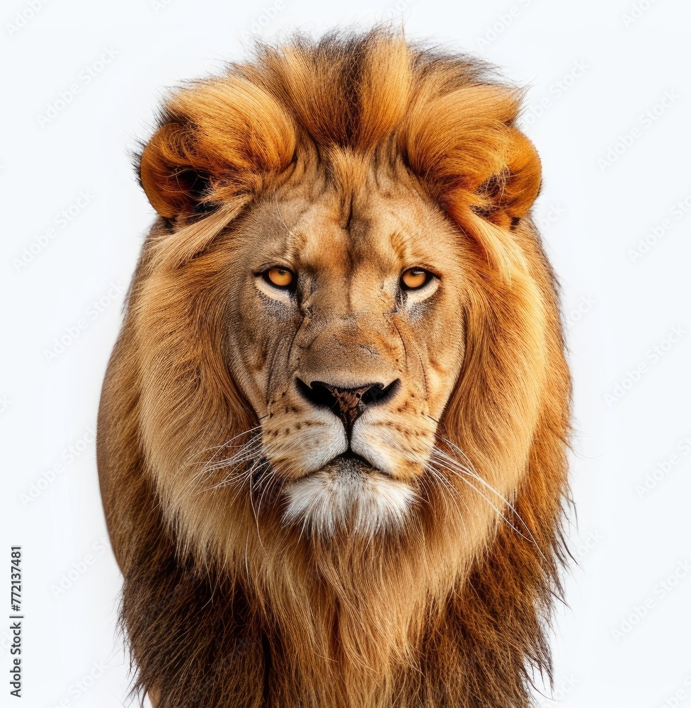 Image of a fully grown male lion, Panthera leo, closing one eye while looking directly at the camera. The lion is depicted on a white background, Generative AI 