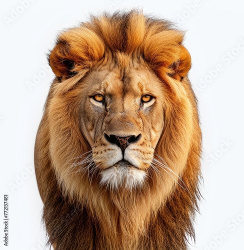 Image of a fully grown male lion, Panthera leo, closing one eye while looking directly at the camera. The lion is depicted on a white background, Generative AI 