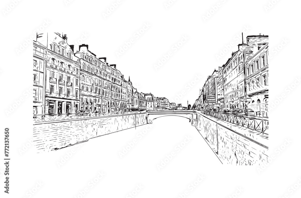 Print Building view with landmark of Rennes is the
City in France. Hand drawn sketch illustration in vector.