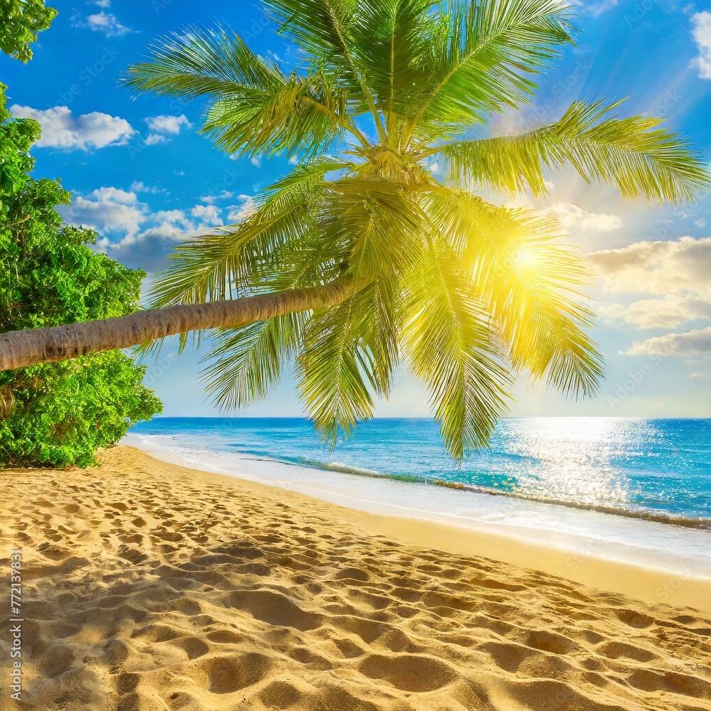 Obraz premium Tropical Bliss: Summer Landscape with Golden Sand Beach, Palm Trees, and Sunlight Rays