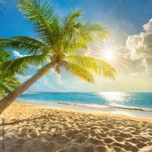 Tropical Bliss  Summer Landscape with Golden Sand Beach  Palm Trees  and Sunlight Rays 