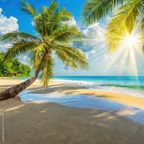 Tropical Bliss  Summer Landscape with Golden Sand Beach  Palm Trees  and Sunlight Rays 