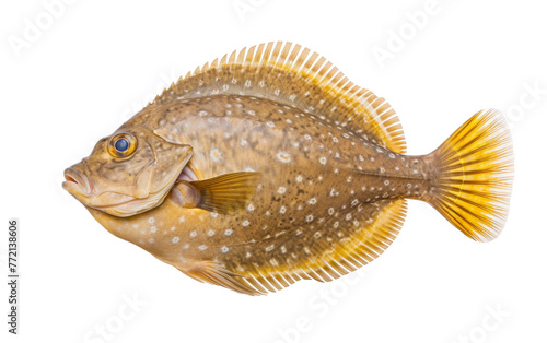 A fish is standing upright on its tail fin against a white background © FMSTUDIO