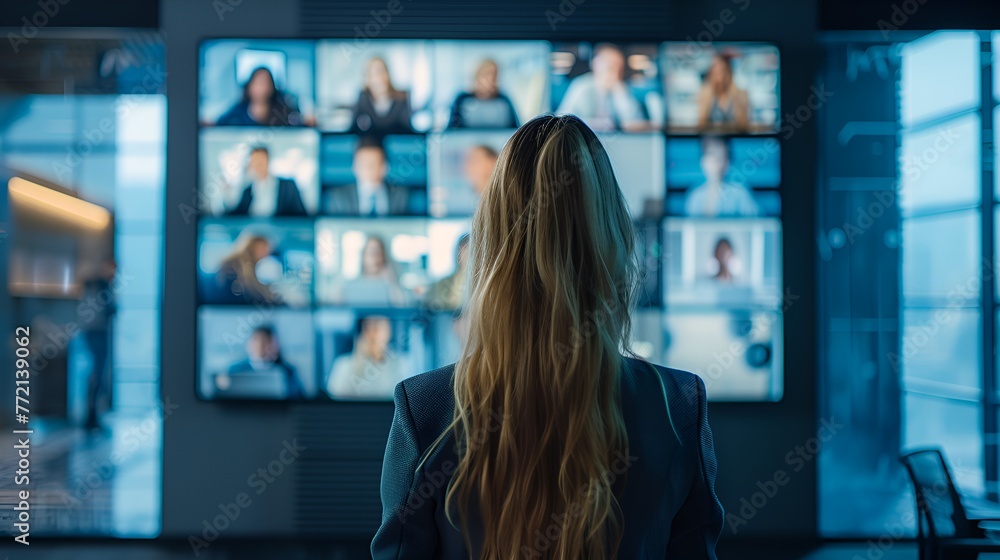 Businesswoman Participating in Team Meeting via Video, Businesswoman, team meeting, video participation - obrazy, fototapety, plakaty 