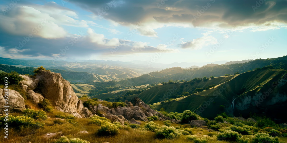 Obraz premium Cliffside providing panoramic views of valleys and distant landscapes.