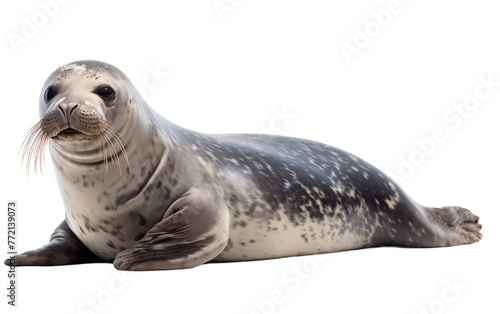 A stunning gray seal lounging atop a pristine white floor, exuding elegance and poise © FMSTUDIO