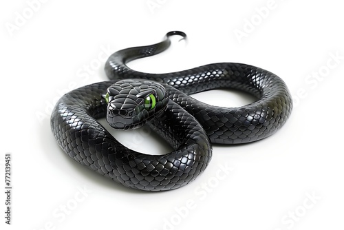 Black Snake with Green Eyes on White Background. Black snake with green eyes isolated on white background. 3D illustration .