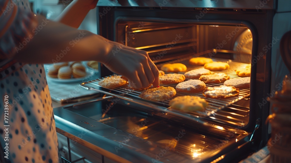 Woman Baking Delicious Treats in Oven Stock Photo, woman, baking, delicious treats, oven, stock photo
