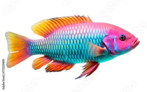 A vibrant and colorful fish swimming gracefully in a white background