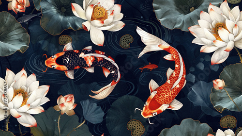 colorful Koi fish with lotus in the pond. Perfect for wallpapers, web page backgrounds, surface textures, textile, blue color scheme