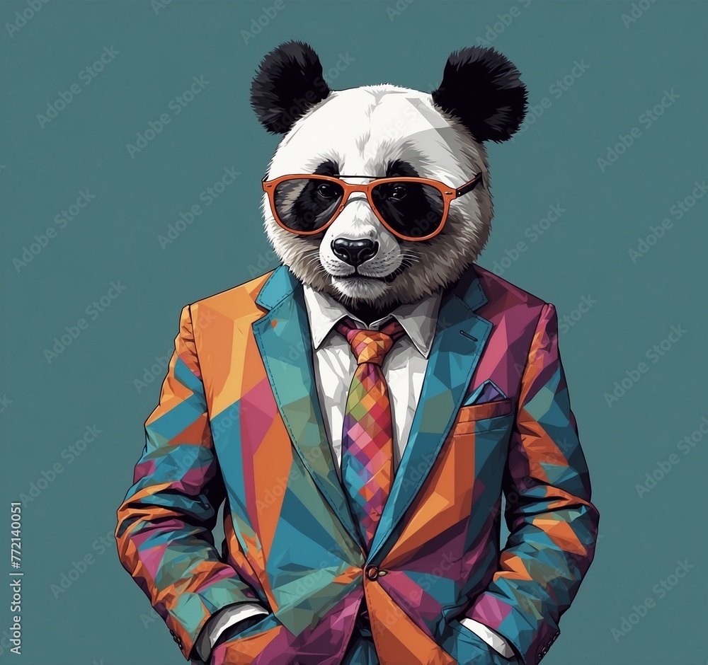 Portrait of a panda in a jacket and tie with sunglasses Portrait of a panda in a jacket and tie with sunglasses