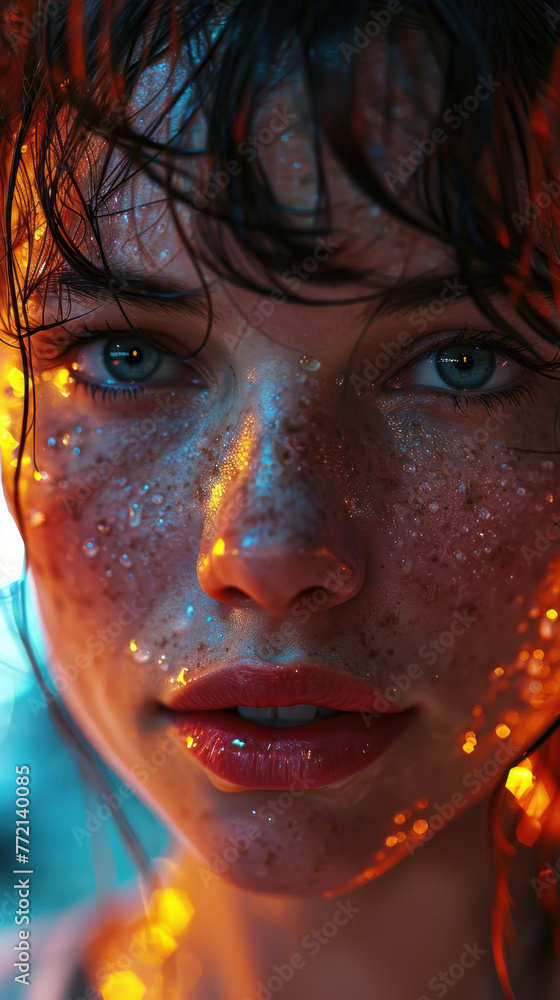 Pretty girl with purple lights on her body poses in front of her neon clothing in dark orange and blue. The photo is taken with a shallow depth of field Pretty girl with purple lights on her body poses in front of her neon clothing in dark orange and blue. The photo is taken with a shallow depth of field