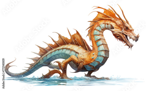 A magnificent blue and orange dragon sits gracefully atop a tranquil body of water