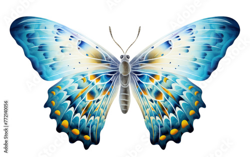 A mystical blue butterfly adorned with vibrant yellow spots fluttering gracefully