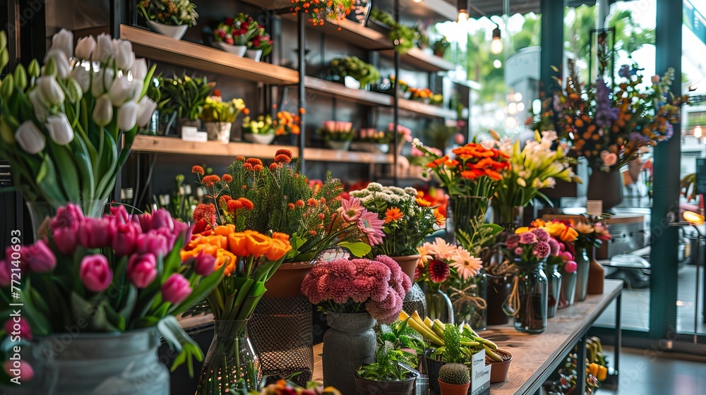 Inviting Workspace adorned with Vibrant Fresh Flowers - Floral Shop Business Concept