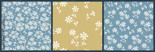 Seamless floral pattern, liberty ditsy print of tiny plant silhouettes in vintage motif. Cute botanical design in two colors: small hand drawn daisy flowers, mini leaves abstract. Vector illustration.