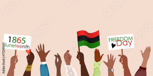 Black Lives Matter. Dark skinned hands raised up. June 19, 1865 - Freedom Day, slavery abolition, african american people emancipation, unequality protest. Flat vector