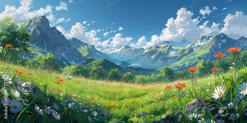 Japanese or fantasy eastern landscape. Spring summer autumn. Beautiful natural mountain place. Panorama background. Digital painting. Poster, invitation, flyer, banner, header. Generative Ai content