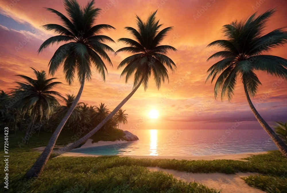 Background tropical natural landscape with coconut palm trees on fantastic sunset, amazing orange sky with clouds. Concept of summer vacation and business travel. Beauty in tropic climate. Copy space