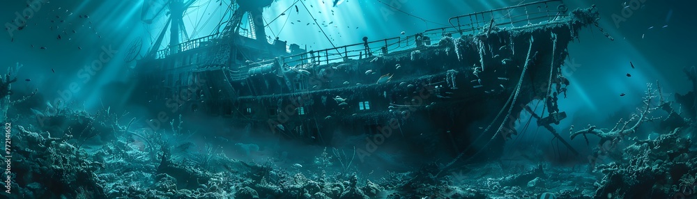Serenely nestled within the colorful arms of a thriving coral reef, the haunting remnants of a shipwreck offer a glimpse into an underwater world. - obrazy, fototapety, plakaty 