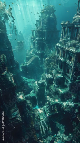 An immersive view of ancient ruins lost beneath the sea, with beams of light filtering through the water illuminating the forgotten civilization.