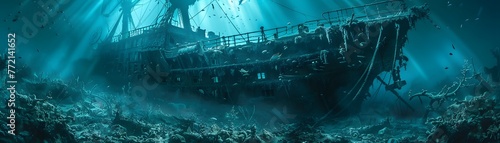 Serenely nestled within the colorful arms of a thriving coral reef, the haunting remnants of a shipwreck offer a glimpse into an underwater world. photo