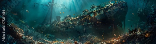 Amidst the tranquil sea, the ghostly silhouette of a shipwreck finds refuge in the vibrant embrace of a coral reef, a haven teeming with diverse marine life.