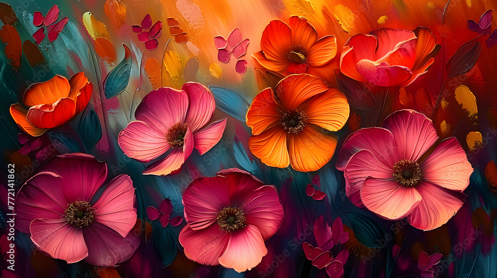 Oil paintings of abstract flowers and leaves. Sprinkled paint on smooth paper, giving the paper a golden texture. Prints, wallpapers, posters, cards, murals, rugs, hangings, wall art, posters. - obrazy, fototapety, plakaty 