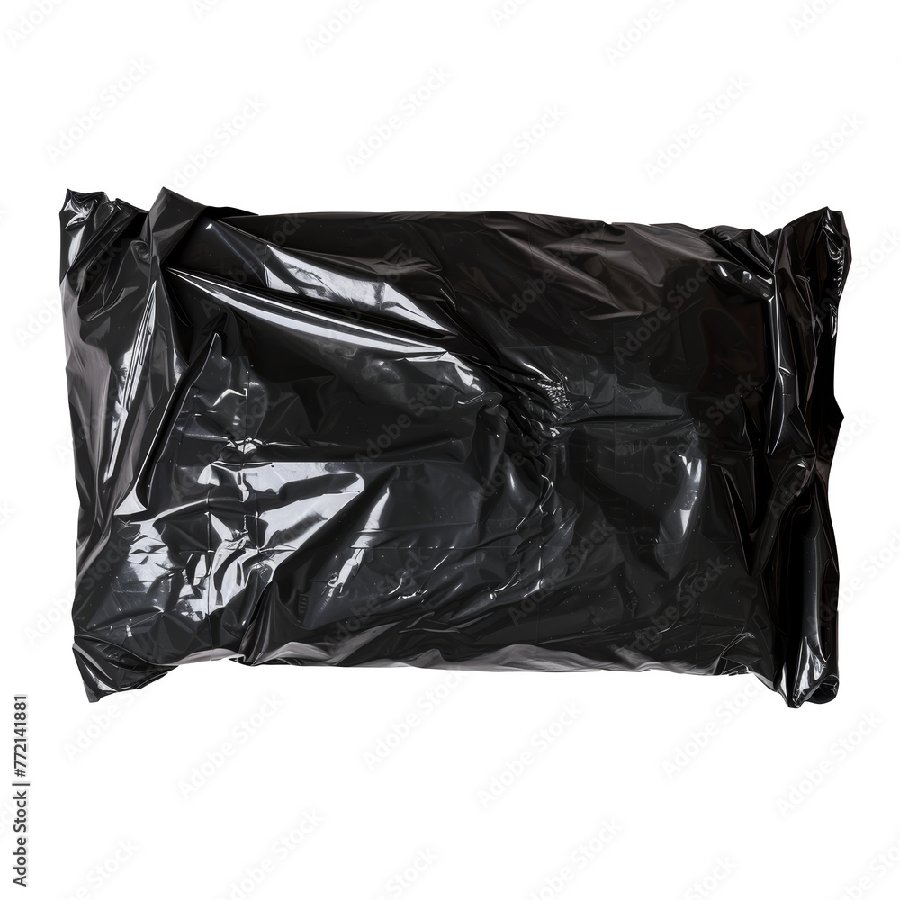 glossy crumpled black plastic square bag isolated on transparent background