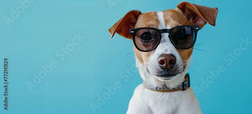 dog with glasses on a blue background. fashionable dog. close-up. generative ai © Alexander Odessa 