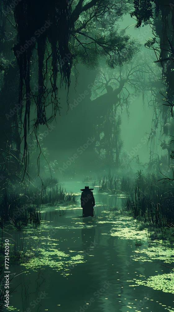 A solitary figure stands in a swamp shrouded in mist, surrounded by the haunting beauty of nature's silence.