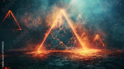 Glowing neon triangles emerge with a striking presence amidst a cloud of cosmic dust, creating a surreal and futuristic visual experience.