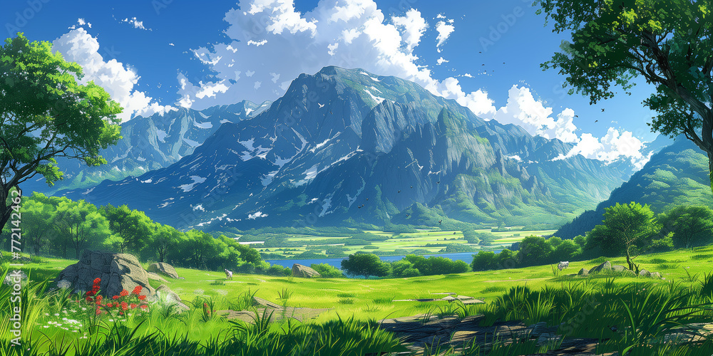 Obraz premium Japanese or fantasy eastern landscape. Spring summer autumn. Beautiful natural mountain place. Panorama background. Digital painting. Poster, invitation, flyer, banner, header. Generative Ai content