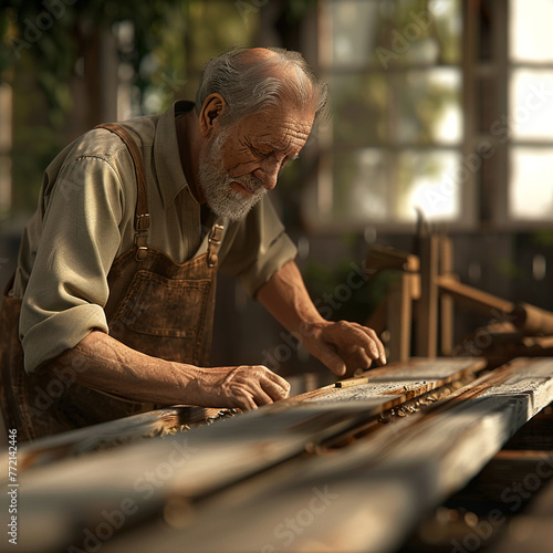 Woodworker examining plank, soft daylight, medium shot, focus on precision, long-lasting work