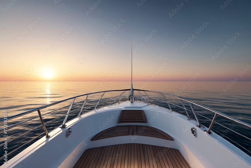 View from a yacht's bow sailing towards horizon (skyline) at sunset, serene scene. Sailing into sunset on open sea, illustration. Travel sea cruise concept. Copy ad text space. Generated Ai - obrazy, fototapety, plakaty 