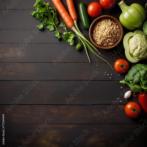 Raw organic vegetables with fresh ingredients for healthily cooking on vintage background, top view, banner. Vegan or diet food concept. Background layout with free text space. photo