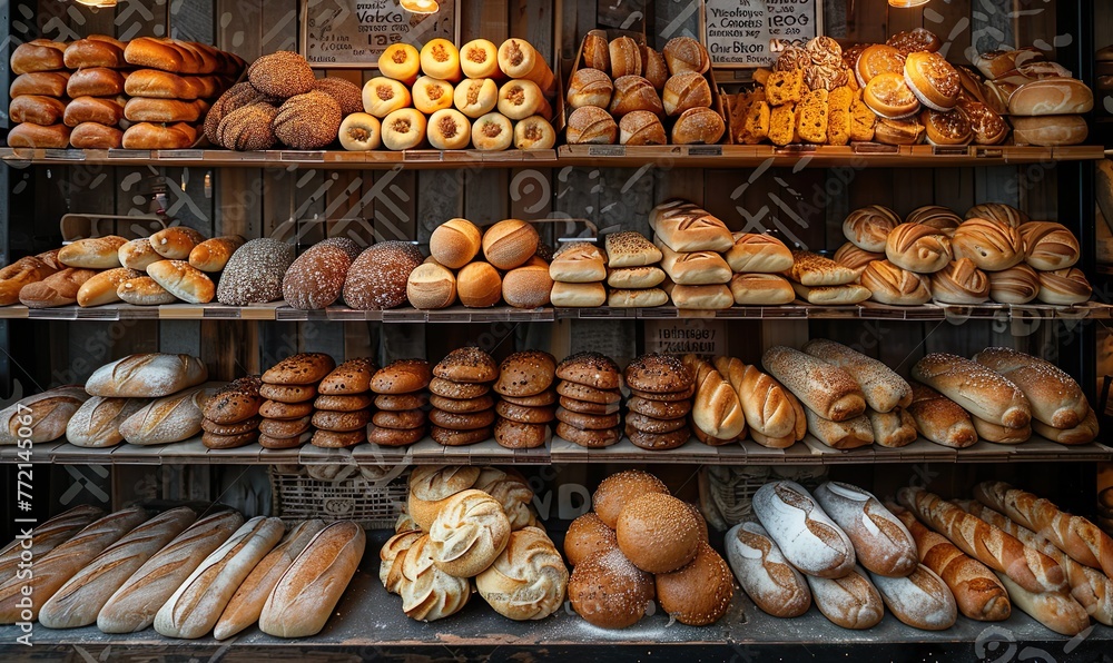 A variety of breads, such as baguettes and bagels, on a bakery shelf in a bakery