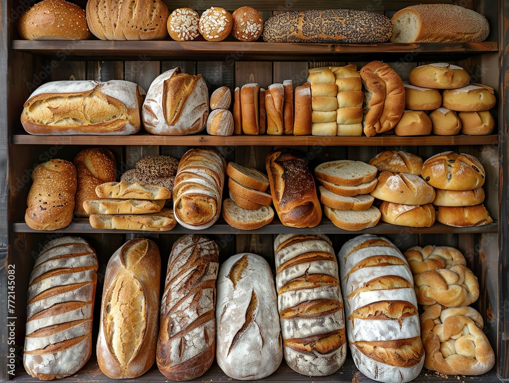 A variety of breads, such as baguettes and bagels, on a bakery shelf in a bakery