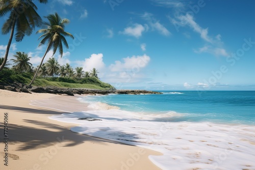 Sun in blue sky and palm trees on white sand beach