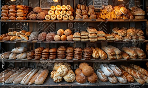 A variety of breads, such as baguettes and bagels, on a bakery shelf in a bakery