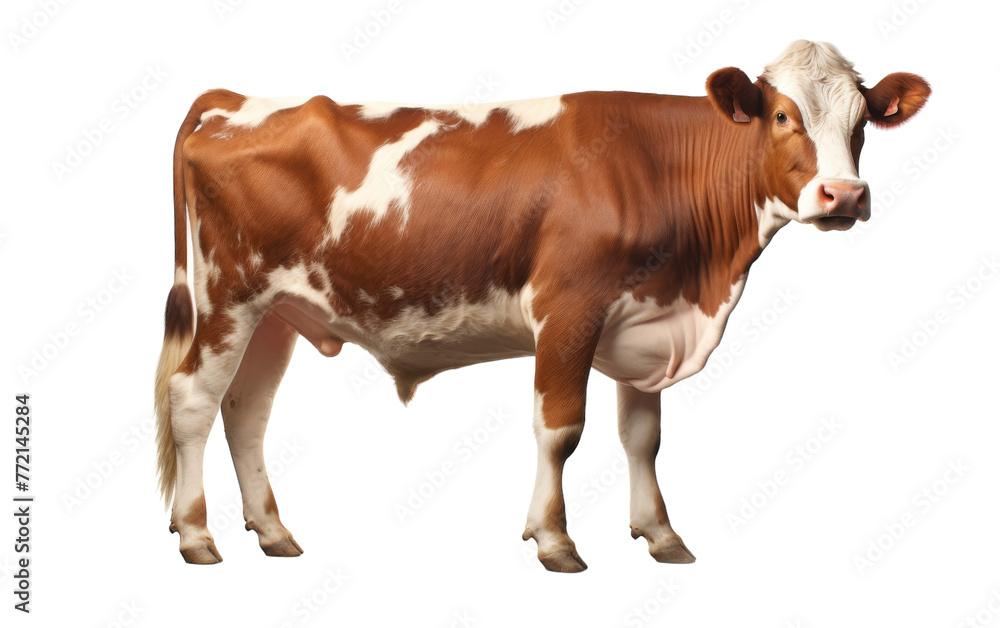A brown and white cow exudes grace and poise against a pristine white backdrop